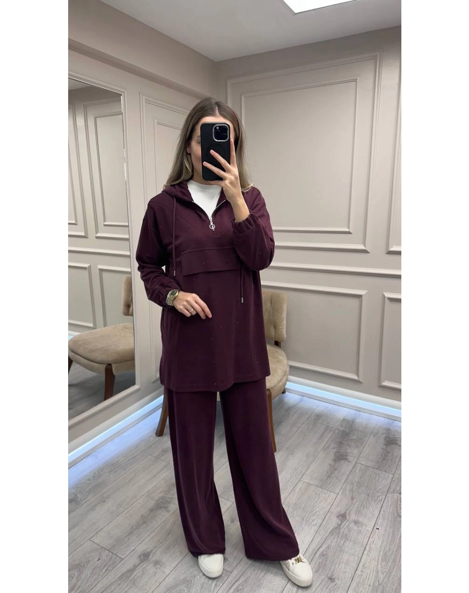 HNS HNS1111 Bordo Pul Detaylı İkili Takım