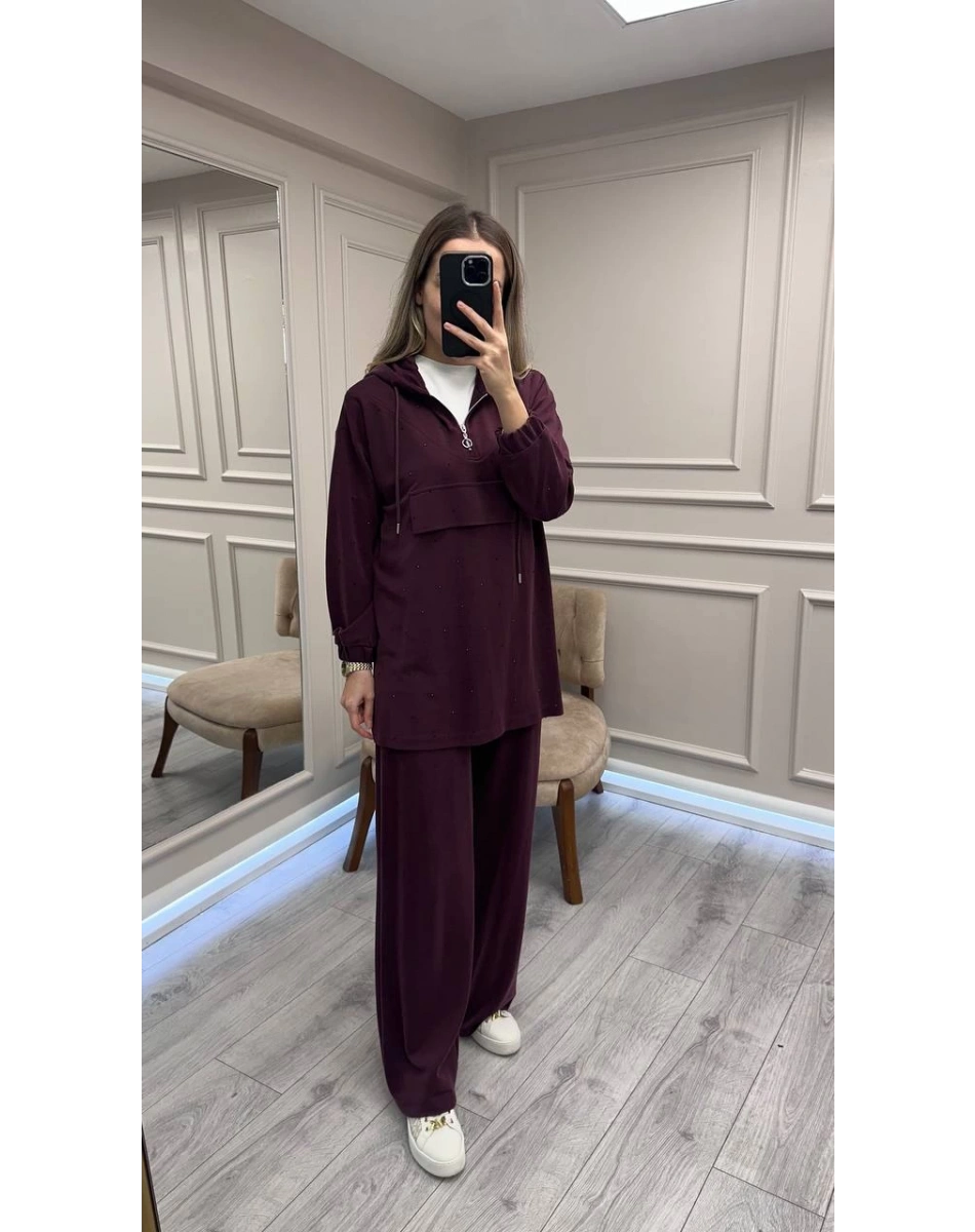 HNS HNS1111 Bordo Pul Detaylı İkili Takım