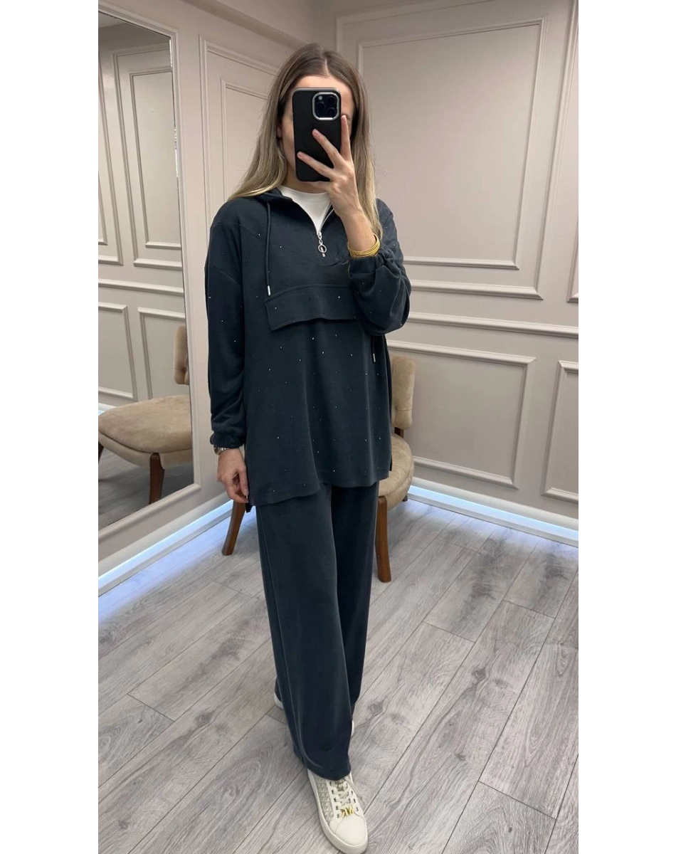 HNS HNS1111 Siyah Pul Detaylı İkili Takım