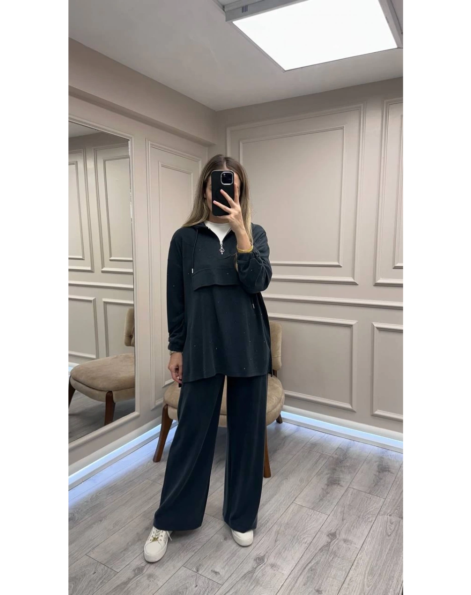 HNS HNS1111 Siyah Pul Detaylı İkili Takım