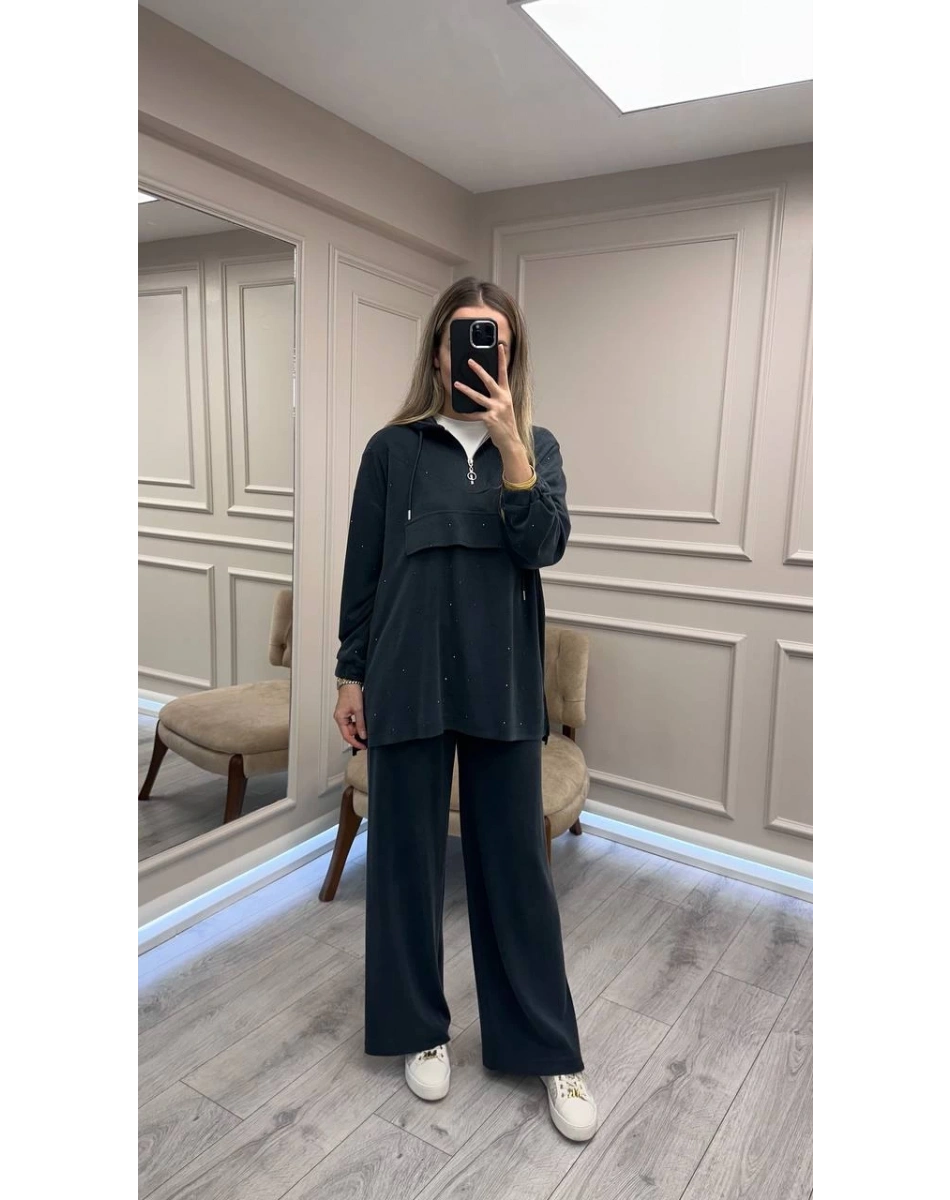 HNS HNS1111 Siyah Pul Detaylı İkili Takım