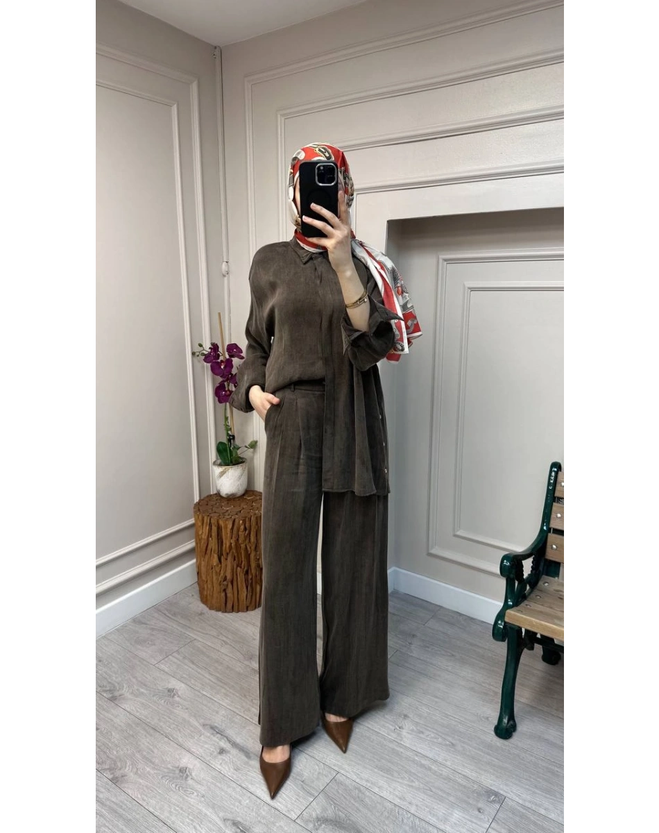 HNS HNS1112 Kahve Düğme Detaylı İkili Takım