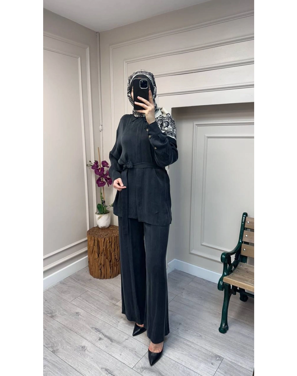 HNS HNS1112 Siyah Düğme Detaylı İkili Takım