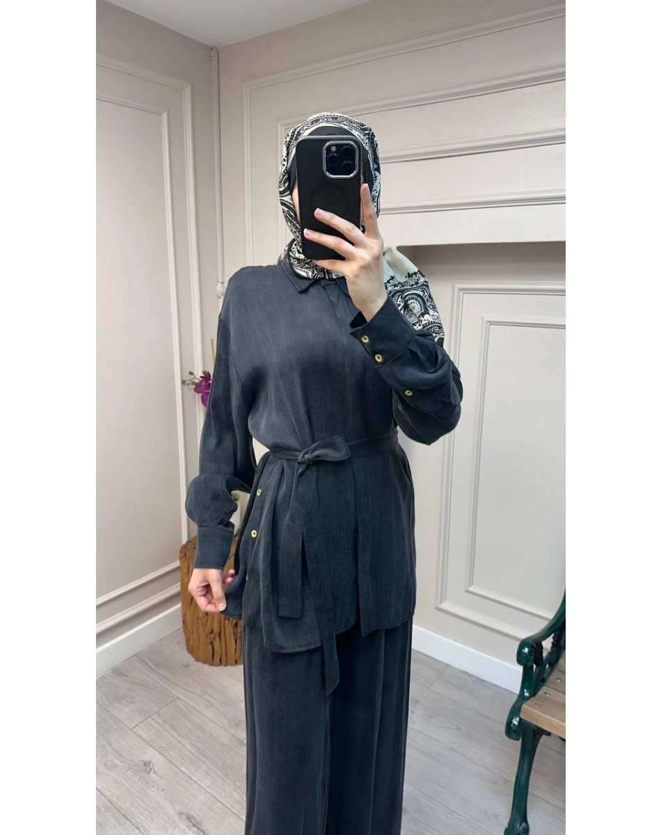 HNS HNS1112 Siyah Düğme Detaylı İkili Takım