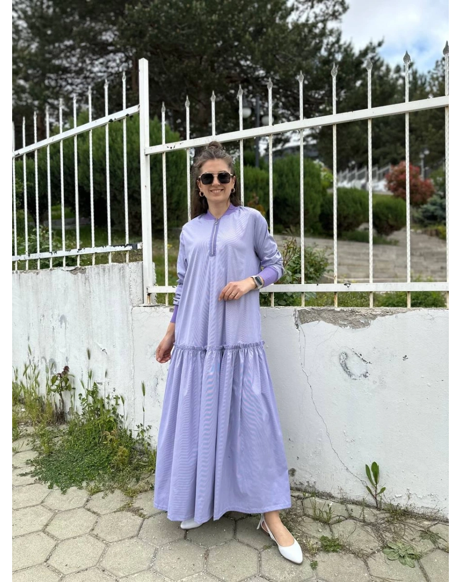 İnvee 6389 Lila Fırfır Detaylı Elbise