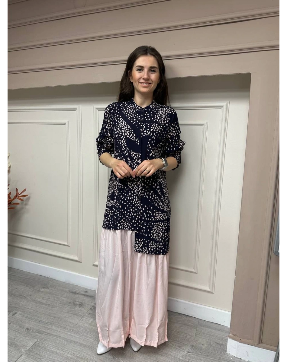 İnvee 6796 Siyah-Pembe Düğmeli Desenli Elbise