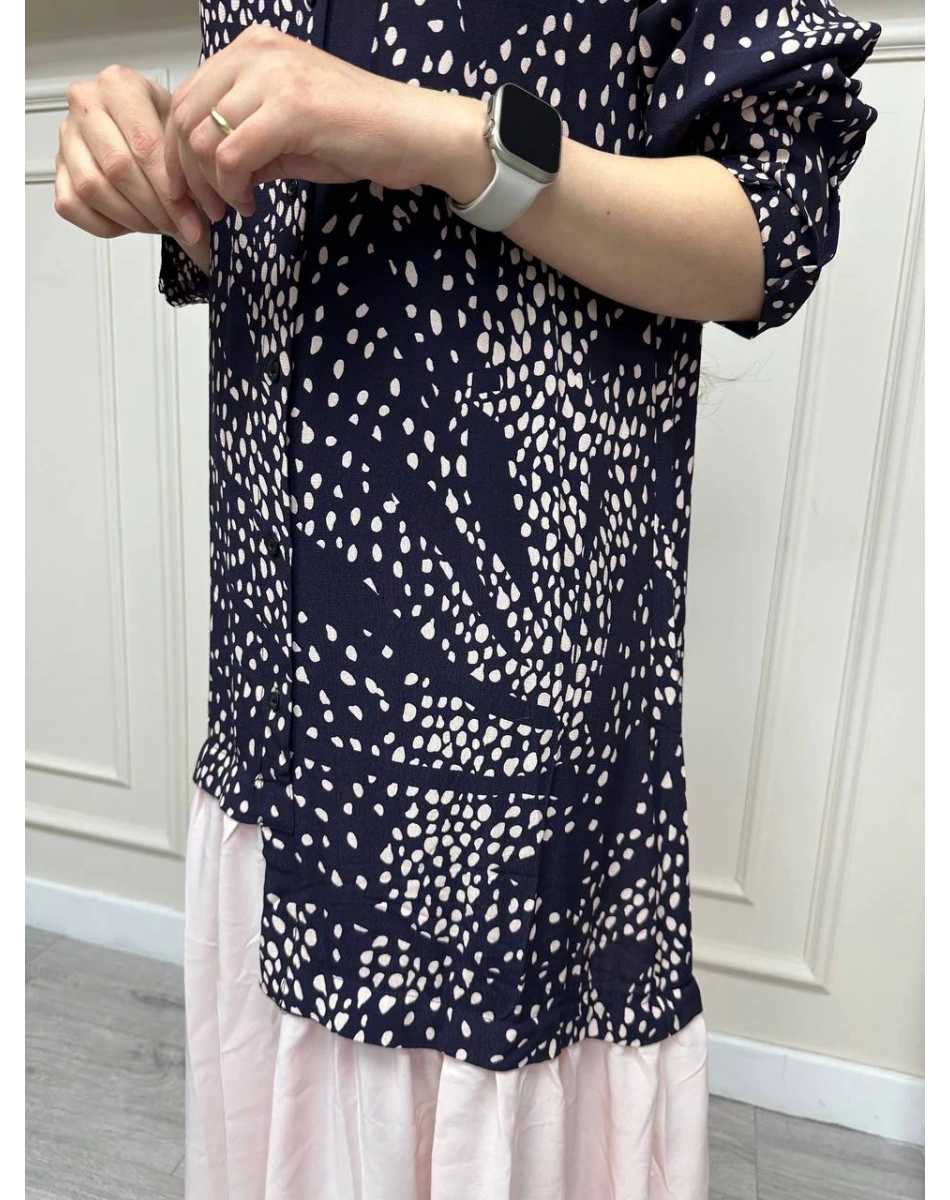 İnvee 6796 Siyah-Pembe Düğmeli Desenli Elbise