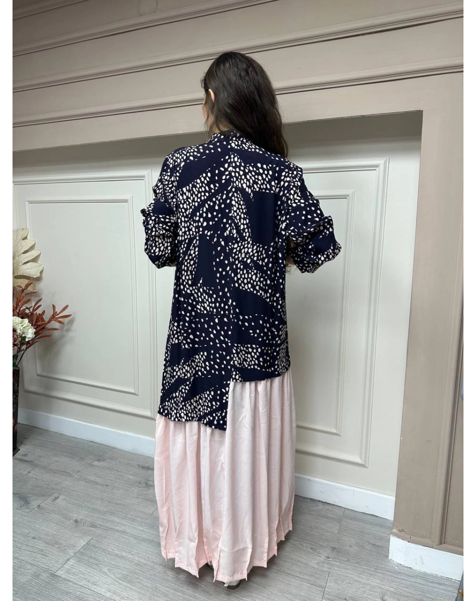 İnvee 6796 Siyah-Pembe Düğmeli Desenli Elbise