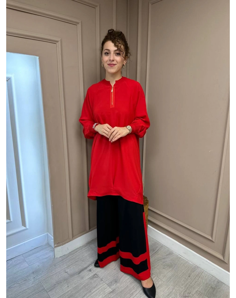 İnvee 6803 Siyah Kırmızı Şerit Detaylı Triko Pantolon