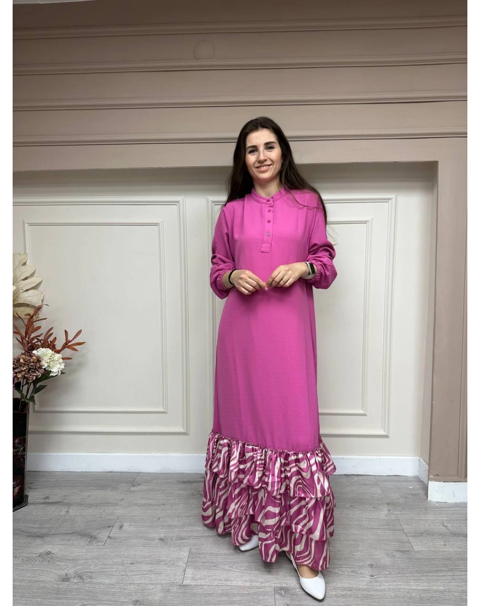 İnvee 6807 Fuşya Eteği Fırfırlı Elbise