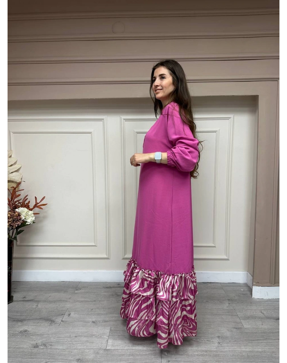 İnvee 6807 Fuşya Eteği Fırfırlı Elbise