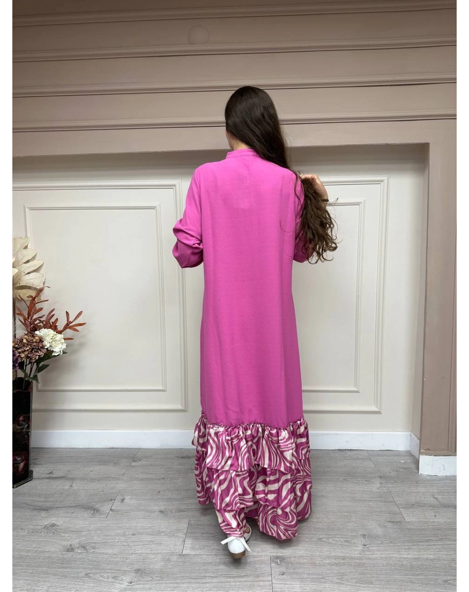 İnvee 6807 Fuşya Eteği Fırfırlı Elbise