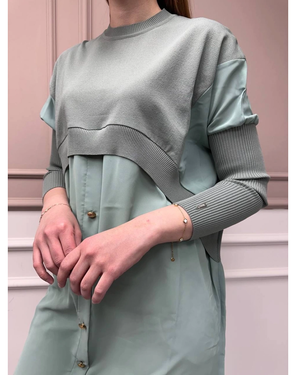 İnvee 6883 Mint Eteği Gömlek Detaylı Triko