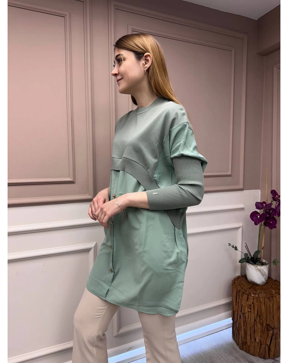 İnvee 6883 Mint Eteği Gömlek Detaylı Triko