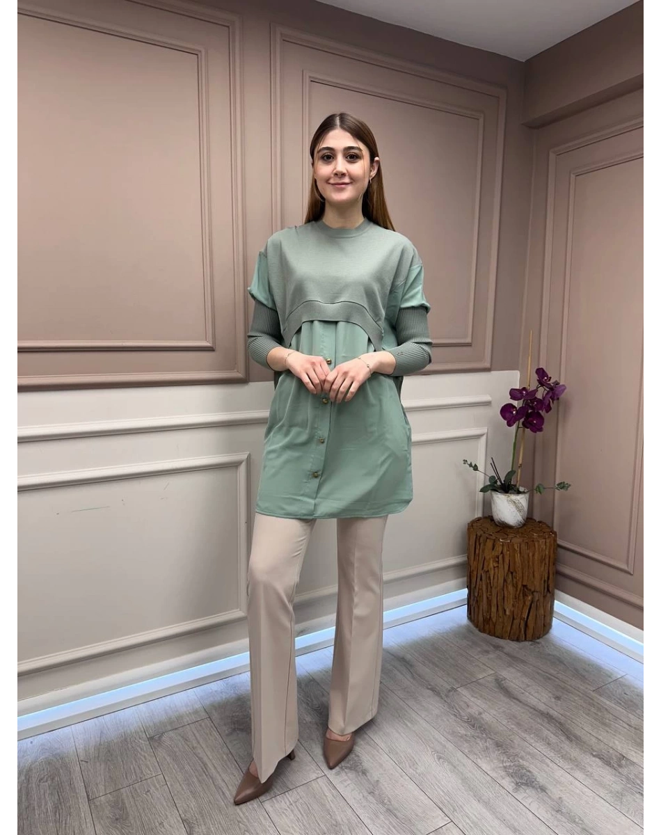 İnvee 6883 Mint Eteği Gömlek Detaylı Triko