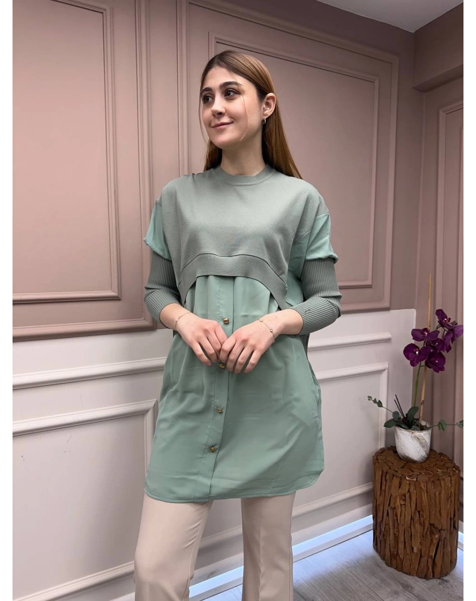 İnvee 6883 Mint Eteği Gömlek Detaylı Triko