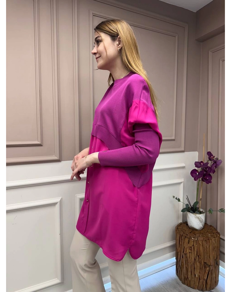 İnvee 6883 Vişne Eteği Gömlek Detaylı Triko