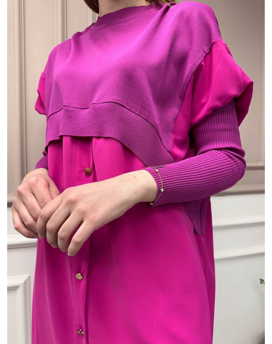 İnvee 6883 Vişne Eteği Gömlek Detaylı Triko