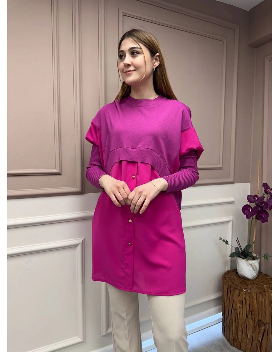 İnvee 6883 Vişne Eteği Gömlek Detaylı Triko