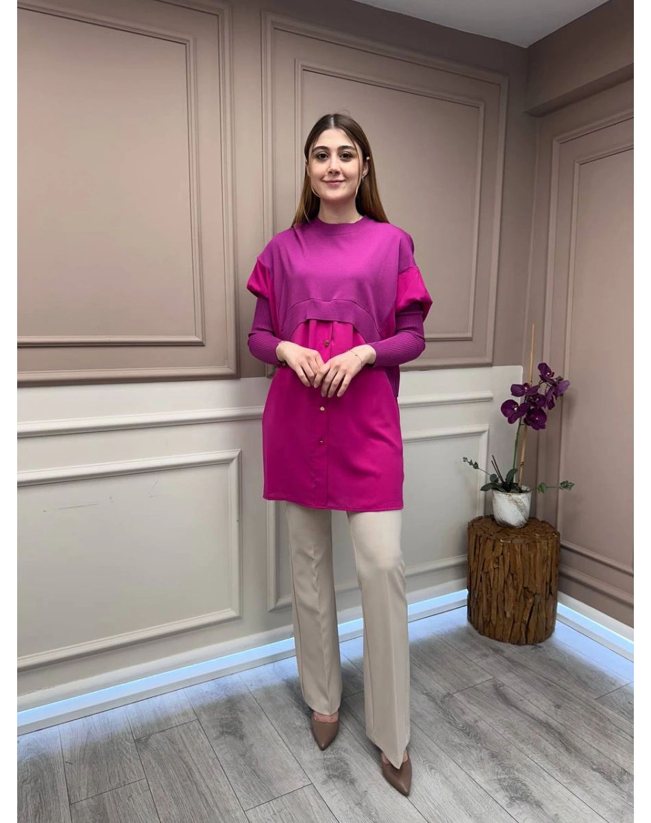 İnvee 6883 Vişne Eteği Gömlek Detaylı Triko