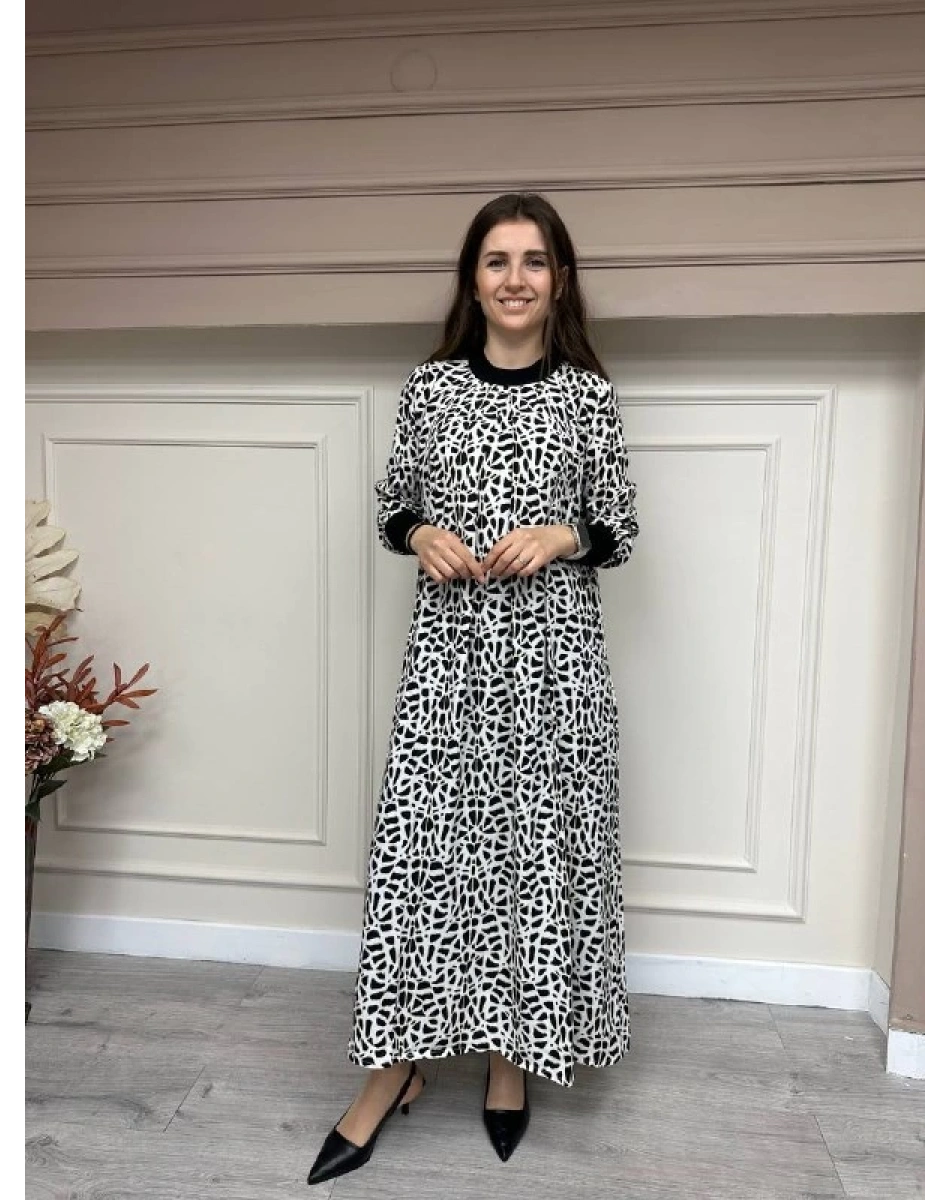 İnvee 6885 Ekru Desenli Elbise