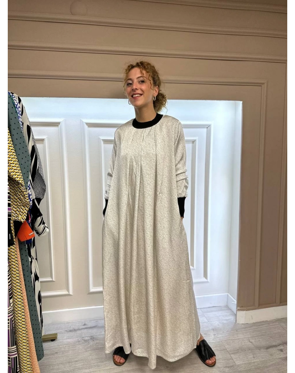 İnvee 6885 Ekru Nokta Desenli Elbise