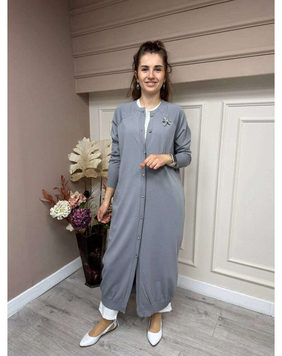 İnvee 6898 Gri Uzun Yusufçuk Triko Hırka