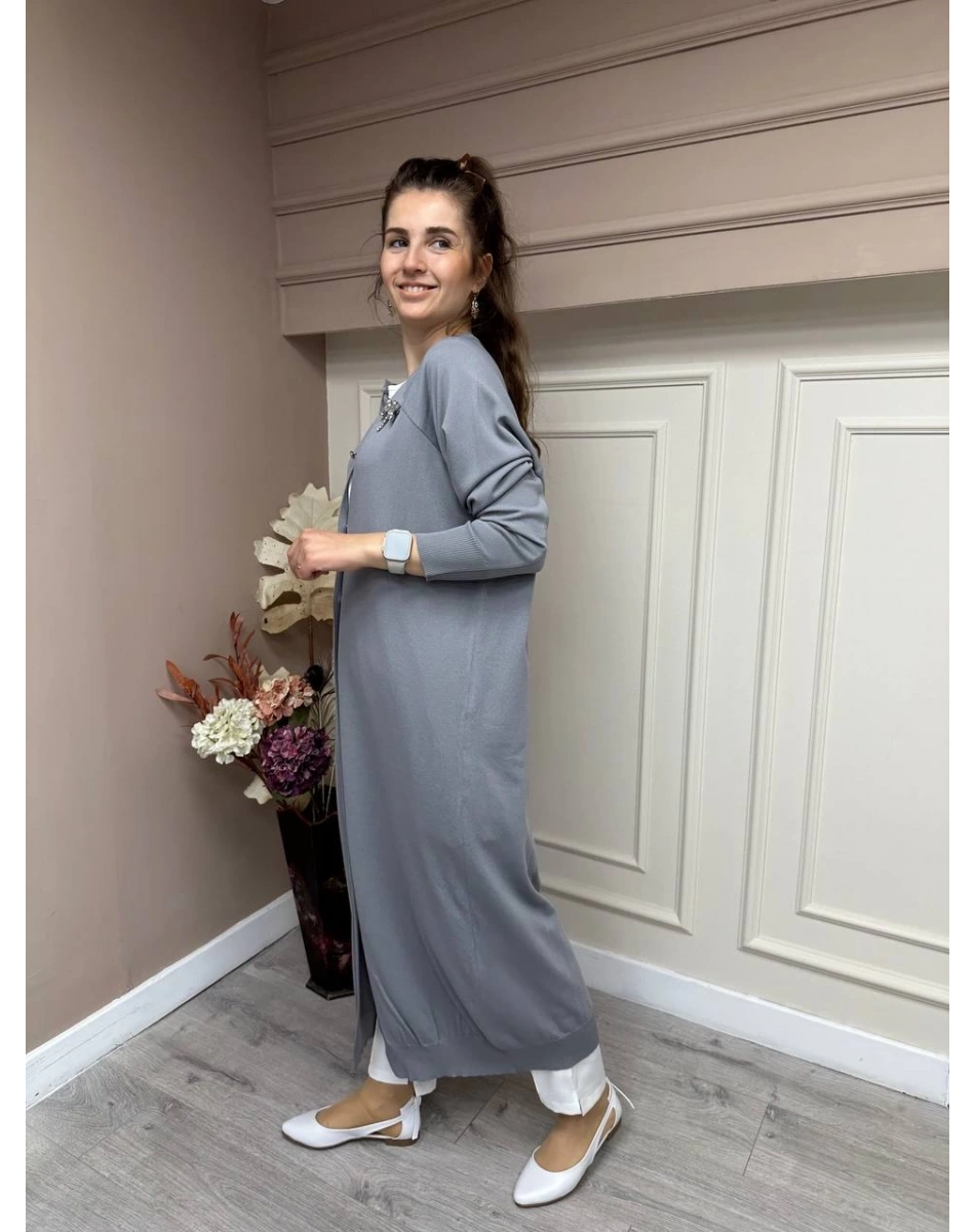 İnvee 6898 Gri Uzun Yusufçuk Triko Hırka