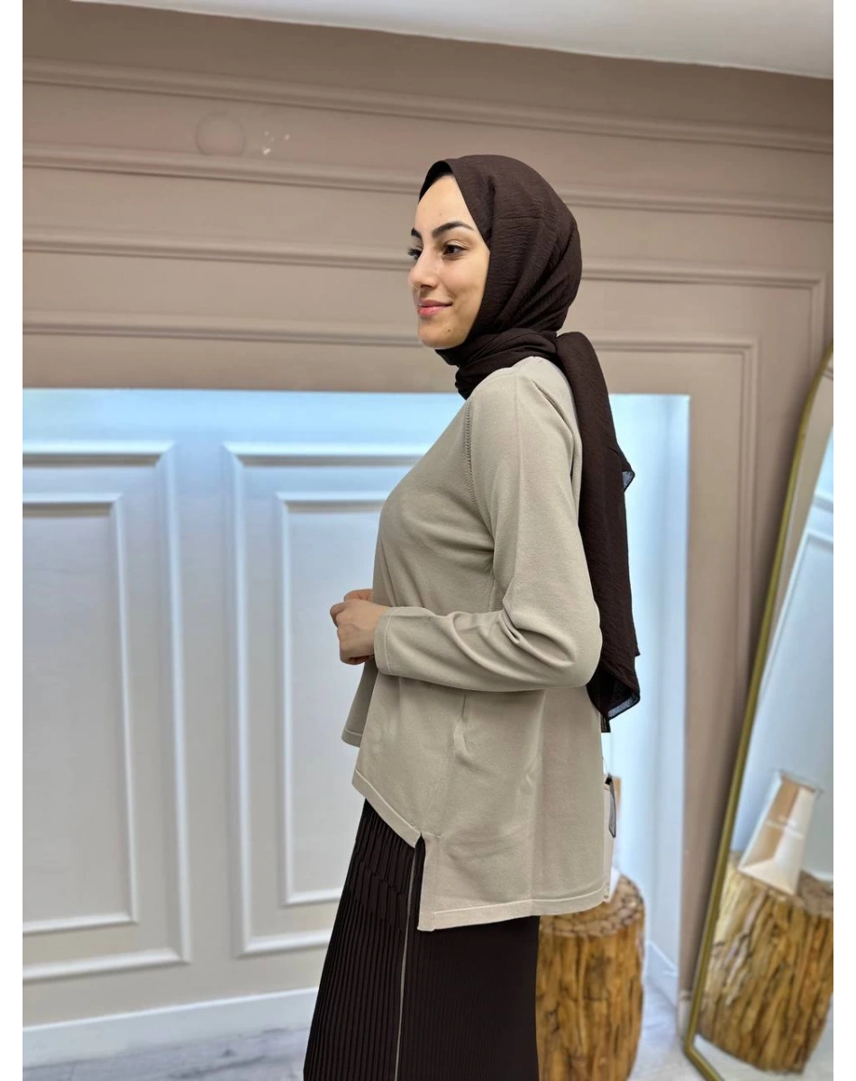 İnvee 6902 Bej Kolu Düz Önü Kısa Arkası Uzun Triko