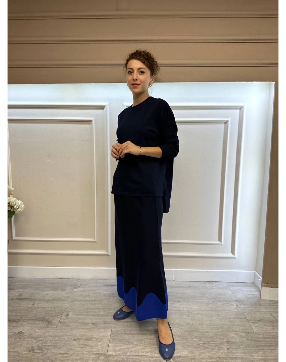 İnvee 6905 Lacivert İki Renkli Triko Etek