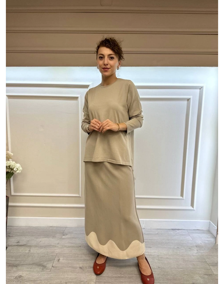 İnvee 6905 Taş İki Renkli Triko Etek