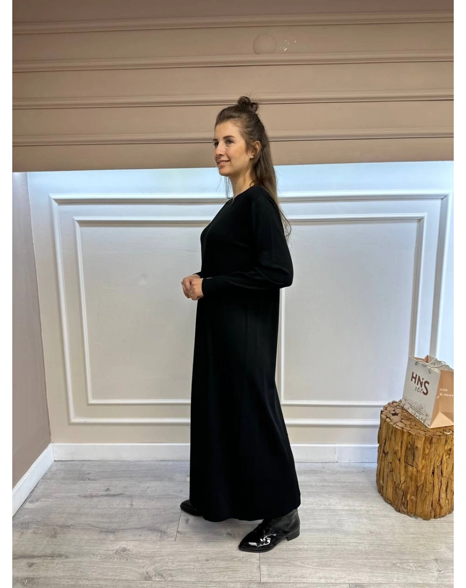 İnvee 6930 Siyah Eteği Dikiş Detaylı Triko Elbise