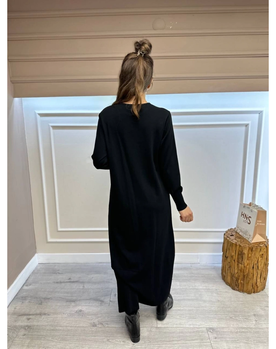 İnvee 6930 Siyah Eteği Dikiş Detaylı Triko Elbise