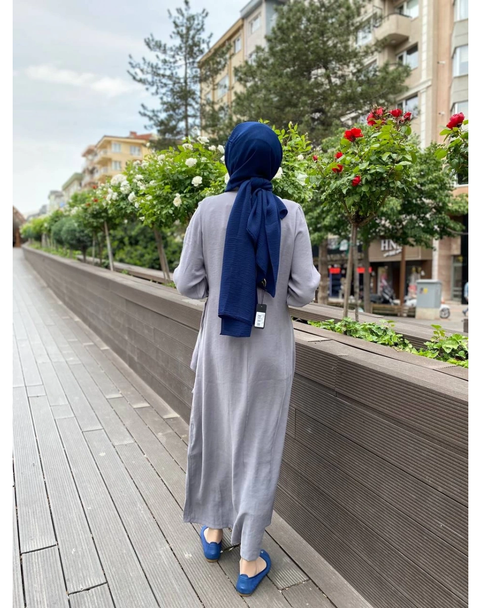 İnvee 6958 Gri Beli Bağlamalı Elbise