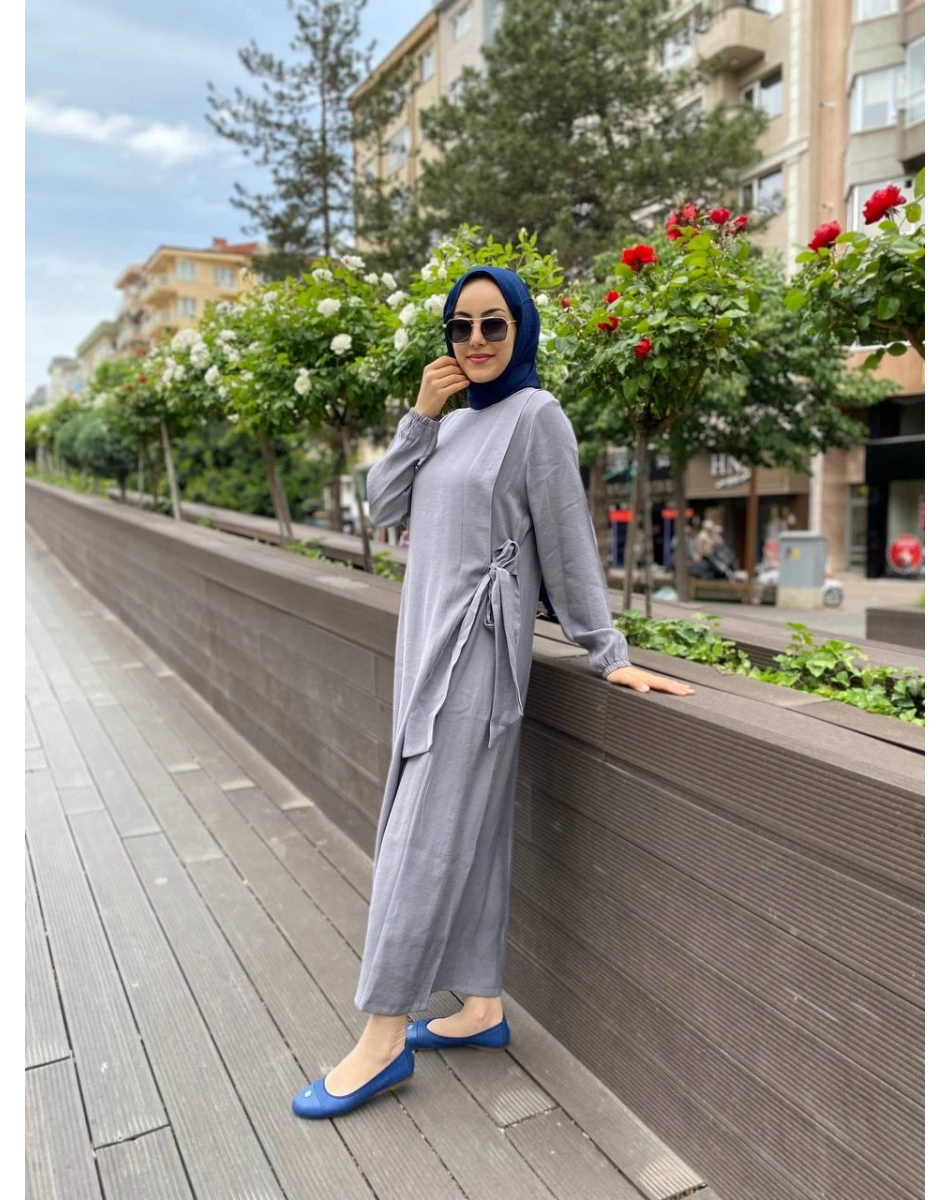 İnvee 6958 Gri Beli Bağlamalı Elbise