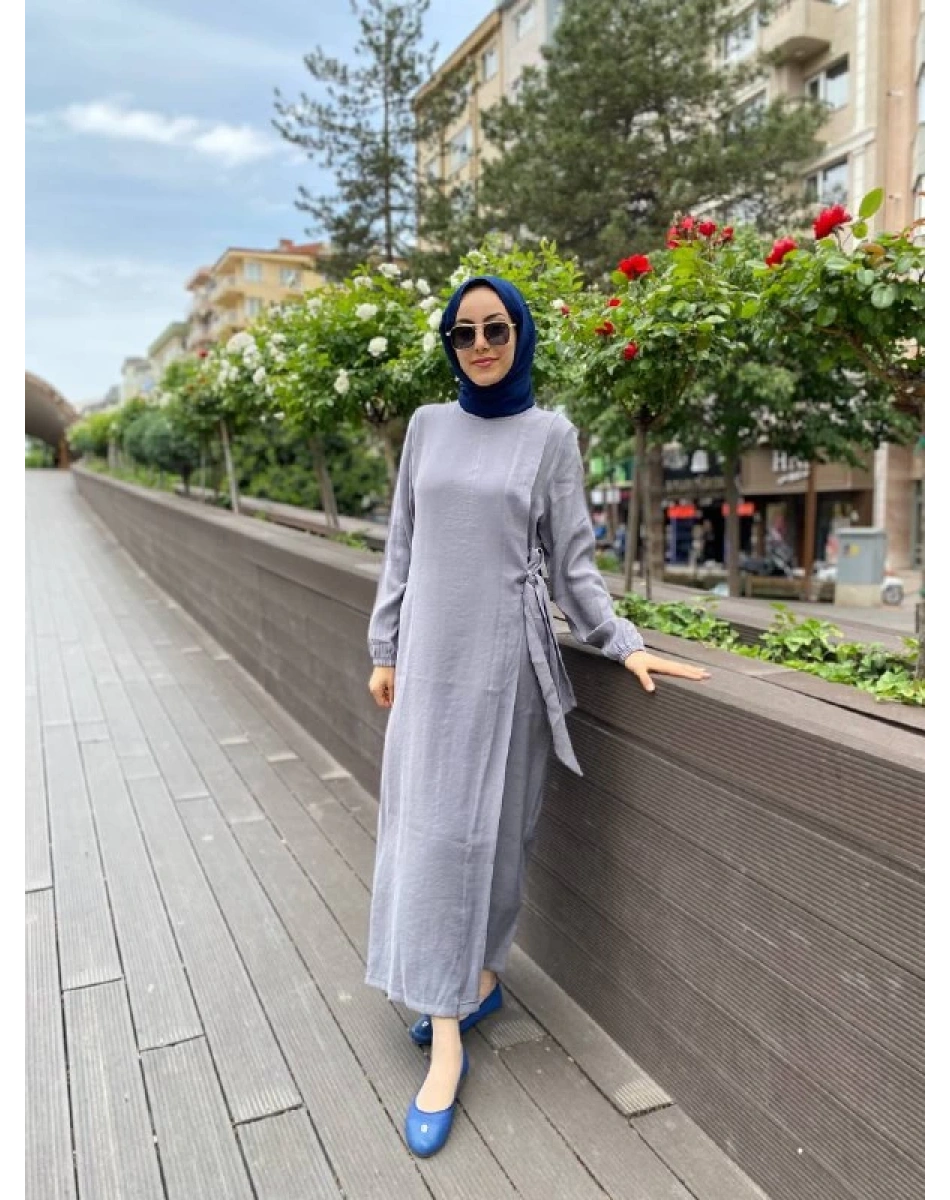 İnvee 6958 Gri Beli Bağlamalı Elbise