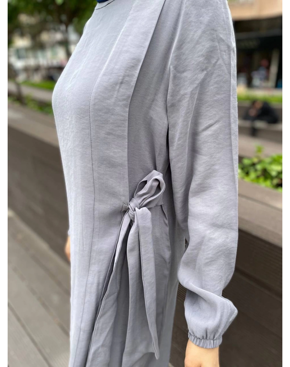 İnvee 6958 Gri Beli Bağlamalı Elbise