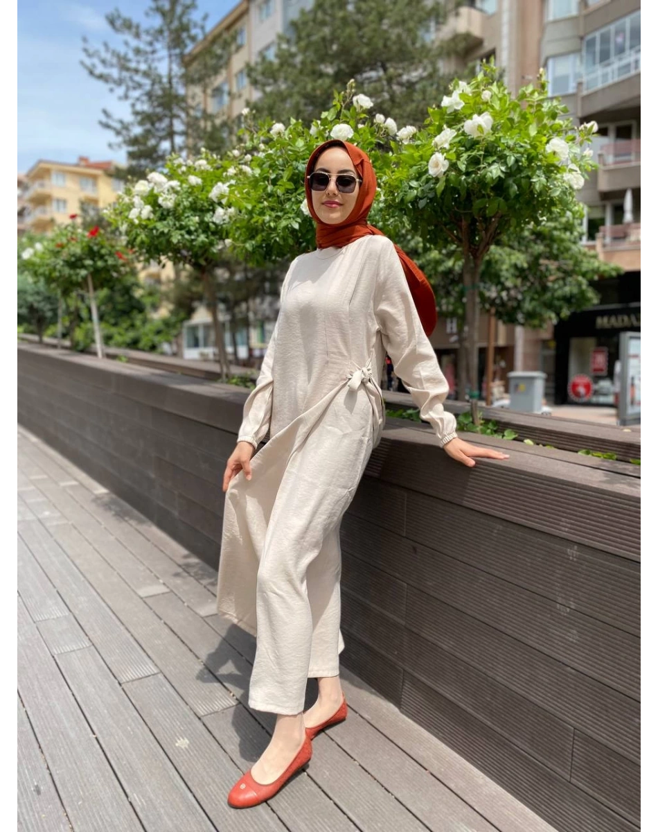 İnvee 6958 Krem Beli Bağlamalı Elbise