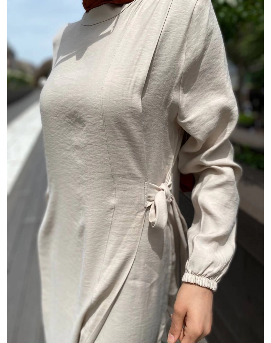 İnvee 6958 Krem Beli Bağlamalı Elbise