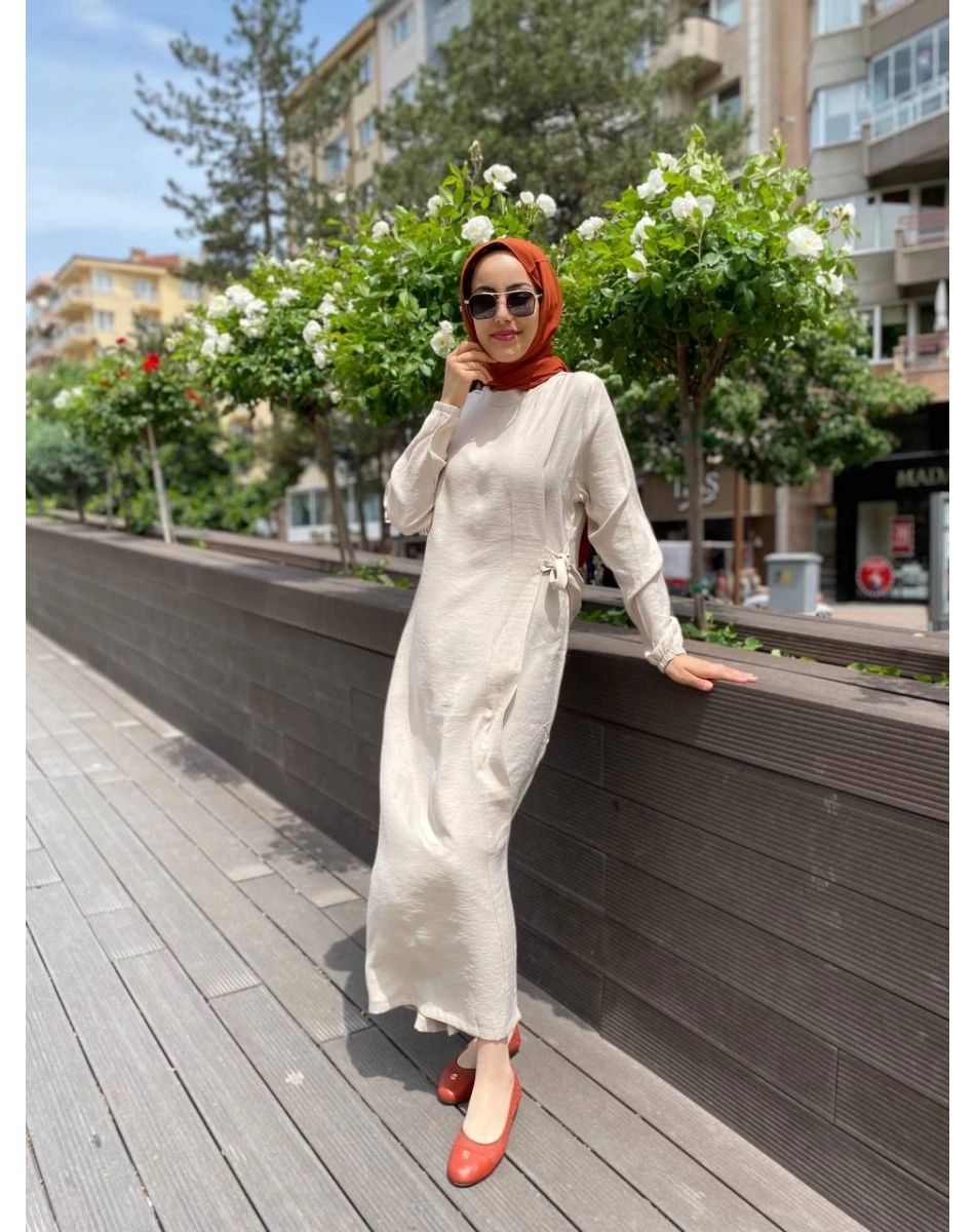 İnvee 6958 Krem Beli Bağlamalı Elbise