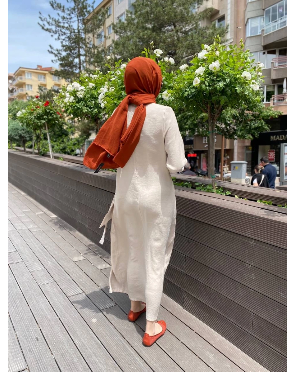 İnvee 6958 Krem Beli Bağlamalı Elbise