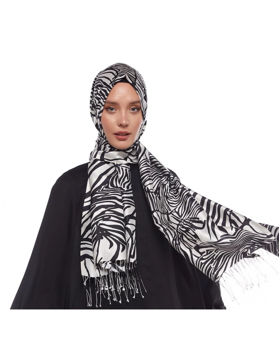 İpekevi 02671 Siyah Zebra Desen İpek Şal