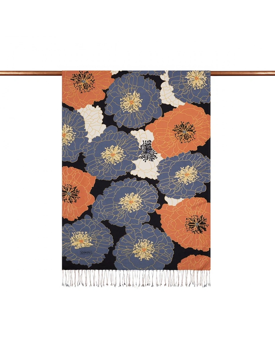 İpekevi 05197 Siyah Bakır Mavi Ortanca Sepeti Desenli İpek Şal