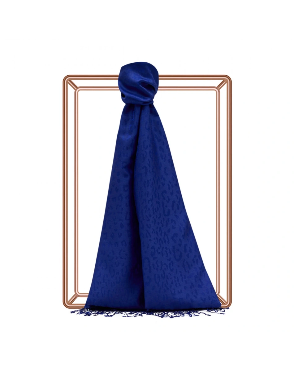 İpekevi 05784 Saks Mavi Leopar Jakar Desenli İpek Şal