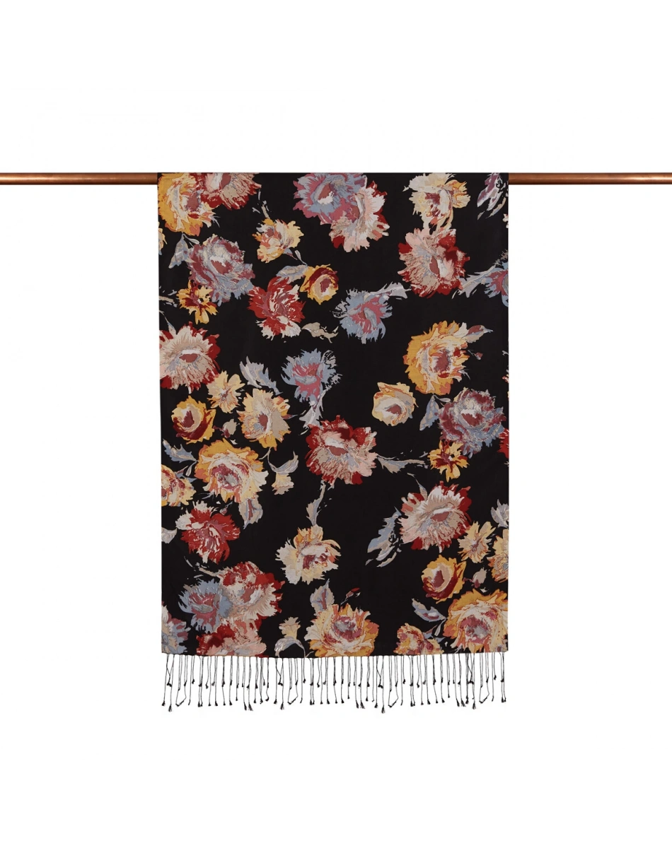 İpekevi 05804 Siyah Katmerli Şakayık Desenli İpek Şal