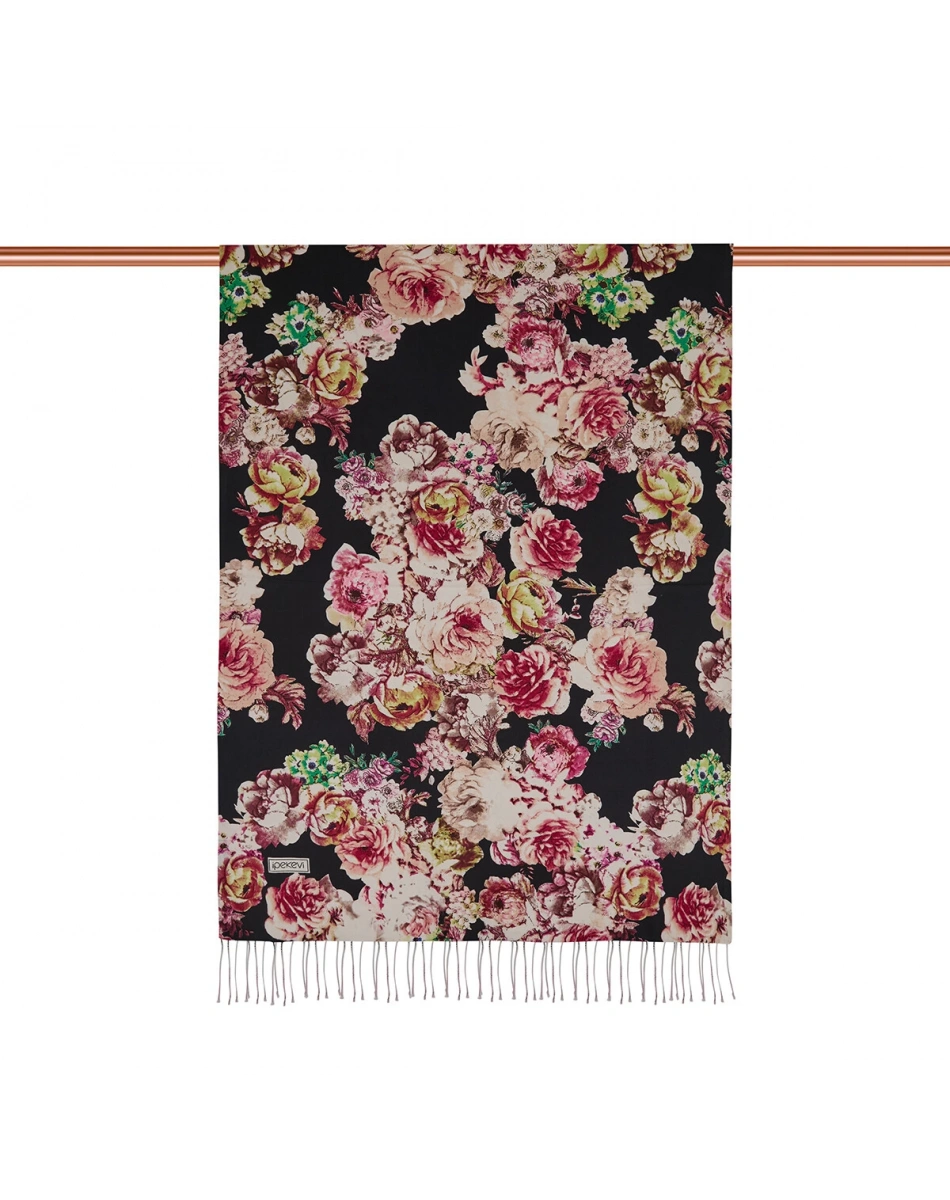 İpekevi 05932 Siyah Gül Deryası Desenli İpek Şal