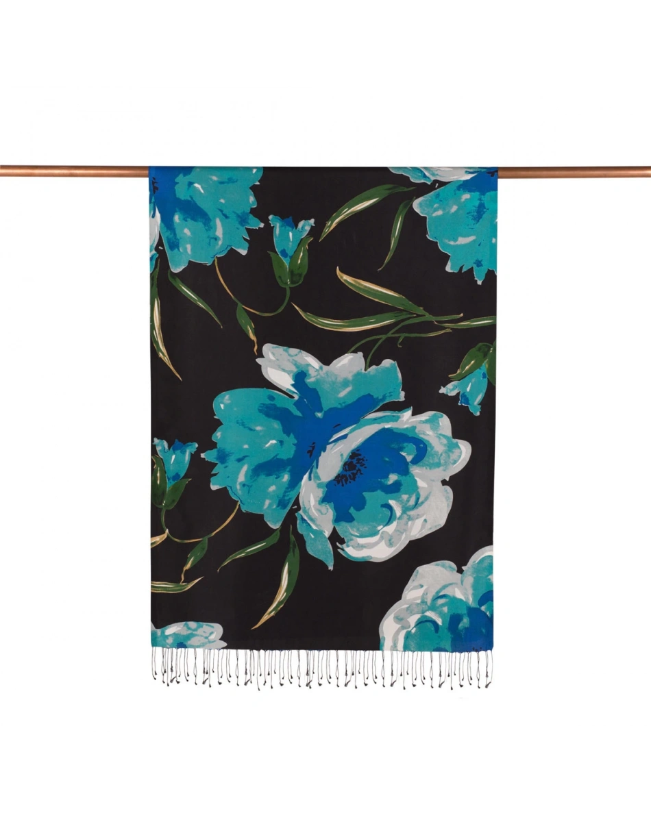 İpekevi 06422 Siyah Kır Gülü Desenli İpek Şal