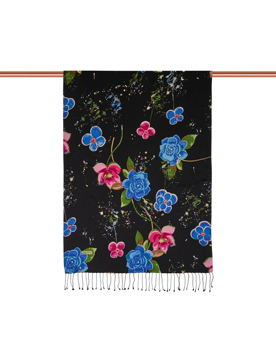 İpekevi 07165 Siyah Yaz Bahçesi Desenli İpek Şal