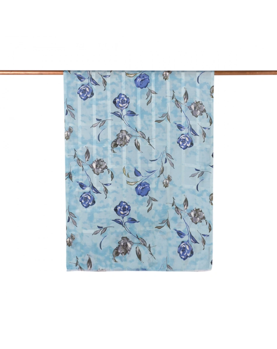 İpekevi 07184 Gök Mavi Galya Gülü Desenli Saten İpek Şal