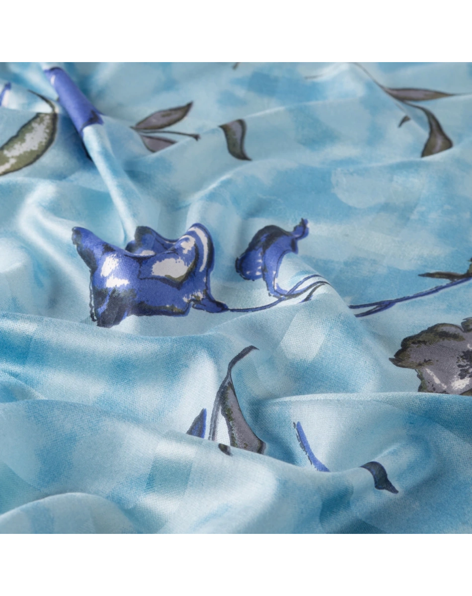 İpekevi 07184 Gök Mavi Galya Gülü Desenli Saten İpek Şal